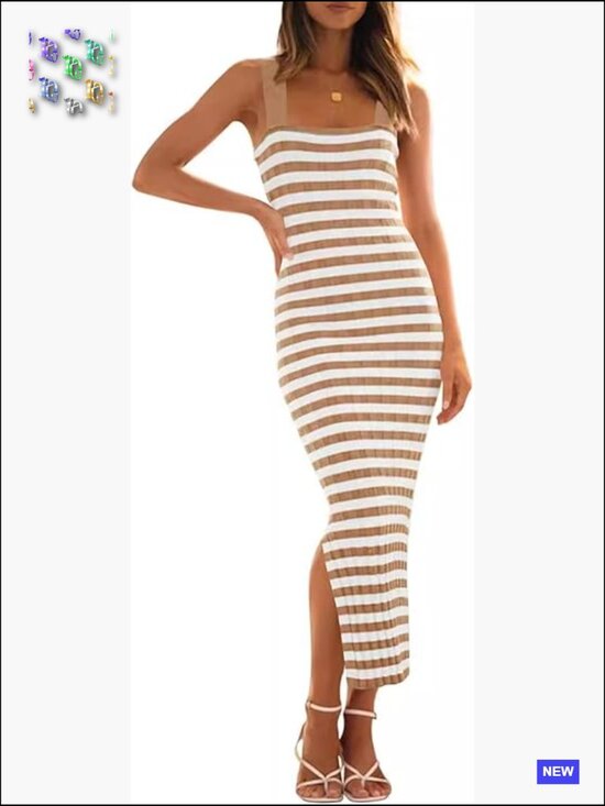 Dresses & Skirts - Sleeveless Striped Knit Bodycon Midi Dress Square Neck Side Slit